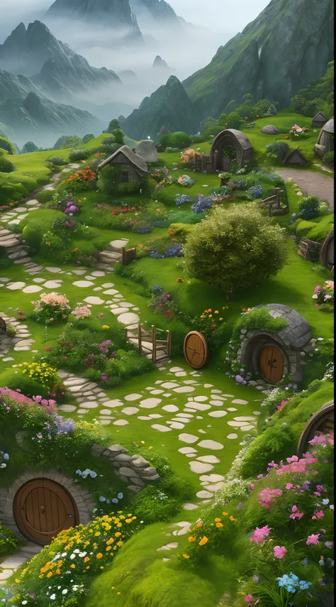 Landscape hobbit village, house with round windows and doors, small garden with small flowers, fantastic spring elf forest, flowers, sun, mountains in the mist in the background. High Quality, Hobbit Movies, Lord of the Rings Movies, Lord of the Rings Movi...