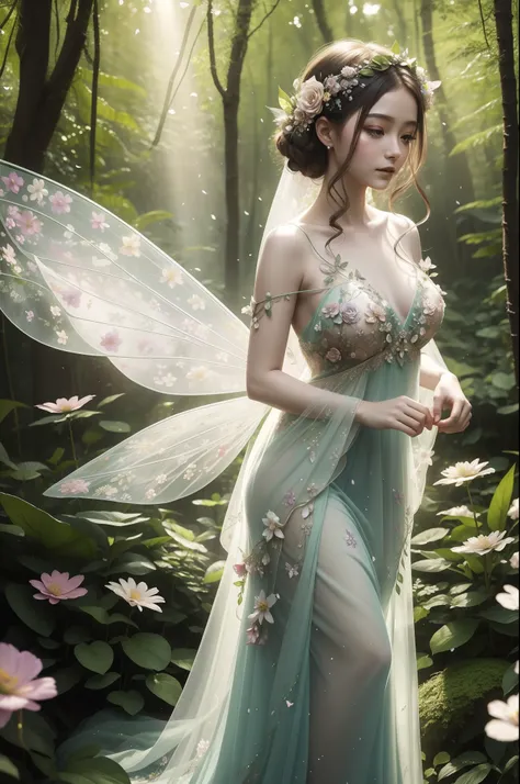 Flower fairy as the center of a whimsical forest scene where vibrant flowers and lush greenery create a magical backdrop. Flower Fairy, A delicate and ethereal existence, florals々Hovering gracefully, Her gossamer wings shimmer in the mottled sunshine. She ...