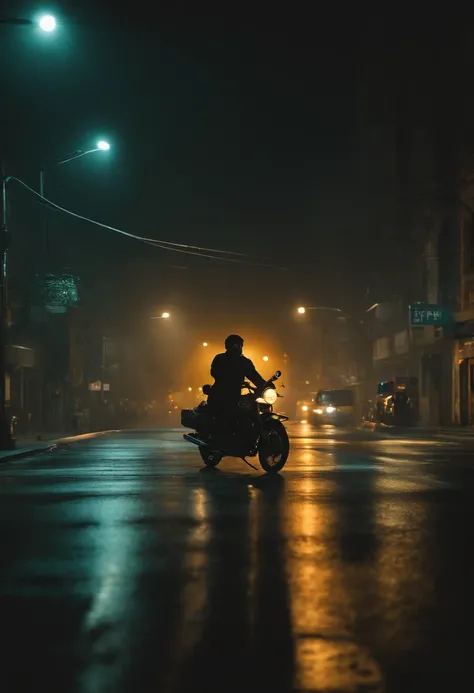 A man riding a motorcycle, back view, delivery guy, yellow van, snowy night, intersection, traffic light, road, nighttime, movie scene, atmospheric, Wong Kar-wai, Zhang Yimou, speed racing, high-quality, masterpiece, 2k, canvas, wide-angle, at night.