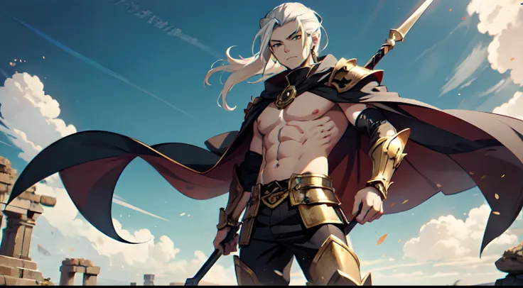 1 Boy, Xin From Kingdom Anime, Armored With Golden Samurai Armor With A Cape, Ultra High Definition, 8k, Handsome, Black And Yellow Pupil Eyes, Long White Hair, Ancient Kingdom Background, Extremely Detailed, Holding A Long Spear, Body To Leg Body Shot,