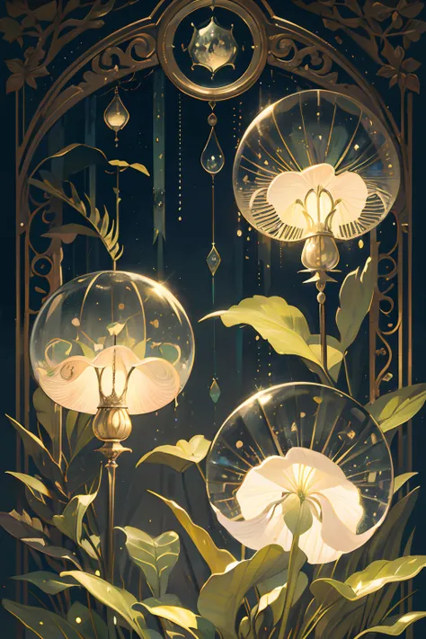 Vintage Victorian style　Precise vintage encyclopedia (best quality:1.2), (detailed:1.2), (masterpiece:1.2), vintage illustrations of magical forest at night, botanical, ((without people)) ((nobody)) iridescent light, raindrops, moonlight, glowing plants an...