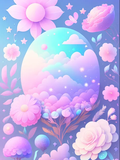 「((Uniform size))、Variety of flowers、cartoon illustration、Pastel gradient sky with twinkling stars。magic elements(Exacerbation 0.9)Immerse yourself in a mysterious world full of。」