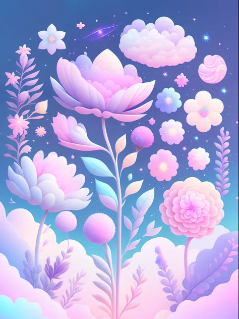 「((Uniform size))、Variety of flowers、cartoon illustration、Pastel gradient sky with twinkling stars。magic elements(Exacerbation 0.9)Immerse yourself in a mysterious world full of。」