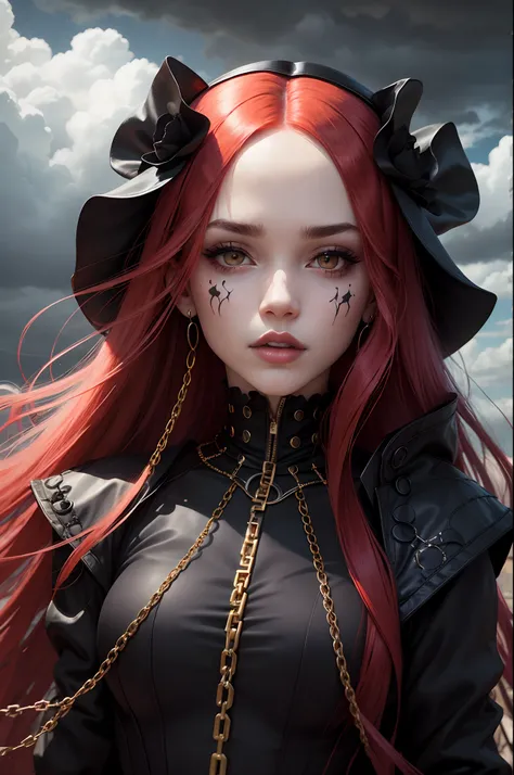 1girl portrait, (Couture fashion wear:1.1), long red hair, more accessories and chains, full face, (black clouds background:1.3), face swag tattoos