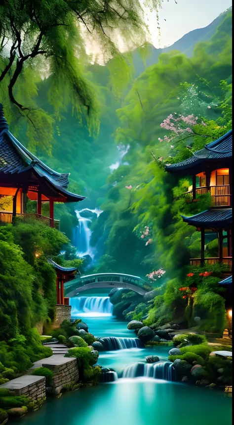 At dusk, green trees, willows flying, surrounded by blue water, small bridges and flowing water, antique color, floral fragrance, warm as jade, birds singing and flowers, water town paintings, leisurely, real photography, 16K resolution