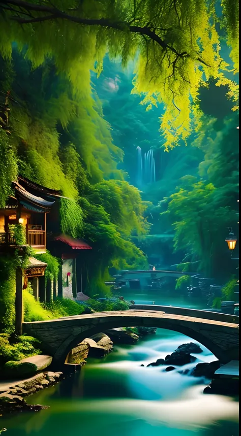 At dusk, green trees, willows flying, surrounded by blue water, small bridges and flowing water, antique color, floral fragrance, warm as jade, birds singing and flowers, water town paintings, leisurely, real photography, 16K resolution