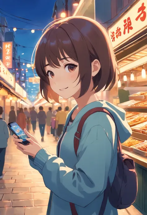 A girl holds a mobile phone in her right hand，There is a smile on the face，Stand on the street at the food festival，The upper part of the body，Background food street，