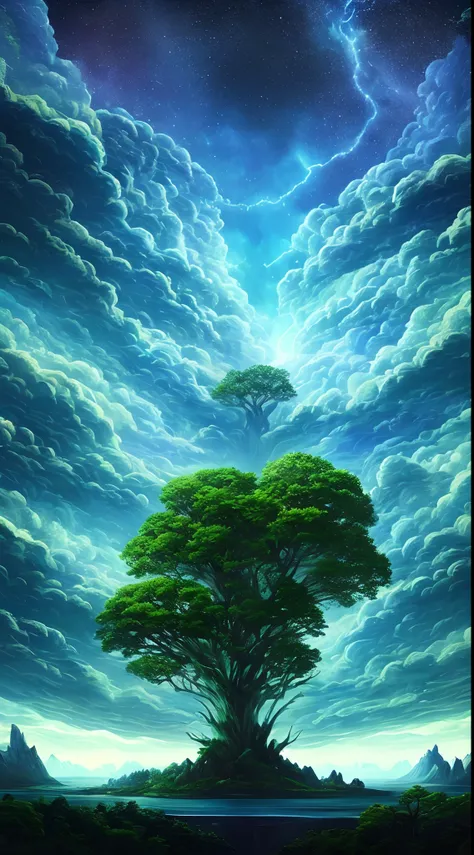 Illustration of a surreal, otherworldly, hyper sky scene including a giant crystal tree full body, highly detailed and magical lighting, intricate forest details, vegetation and surrounding river, solar punk, landscape, giant tree , beautiful green leaves,...