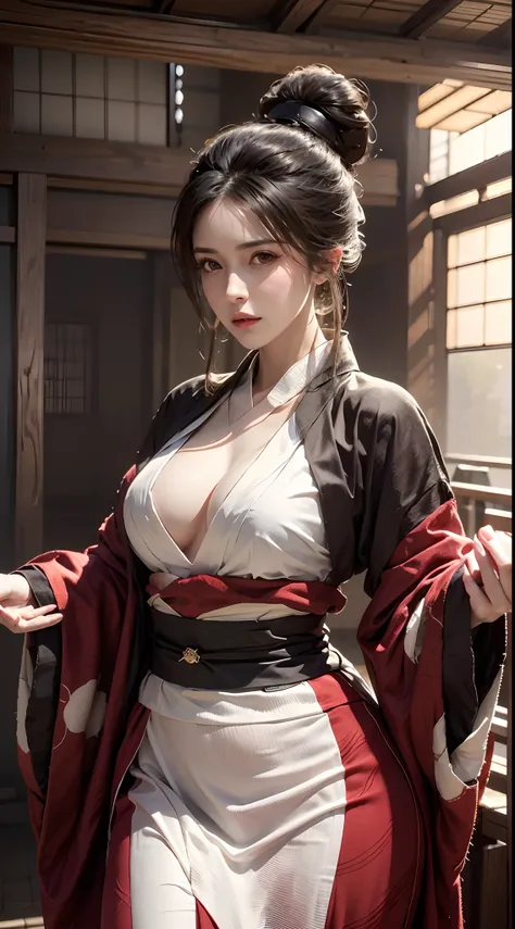 photorealistic, high resolution, 1women, mature female, solo, hips up, black hair, emma \(sekiro\), japanese clothes, kimono, si...