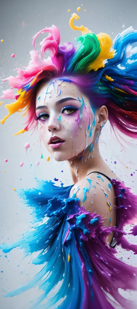 (level difference:1.8),(Paint colliding and splashing on the canvas),(depth of field),1girls side face blends into it,((side face)),open mouth,(liquid paint rainbow hair:1.1) made of paint and defies gravity,thick flowing,(paint splatter:1.3),Liquid state,...