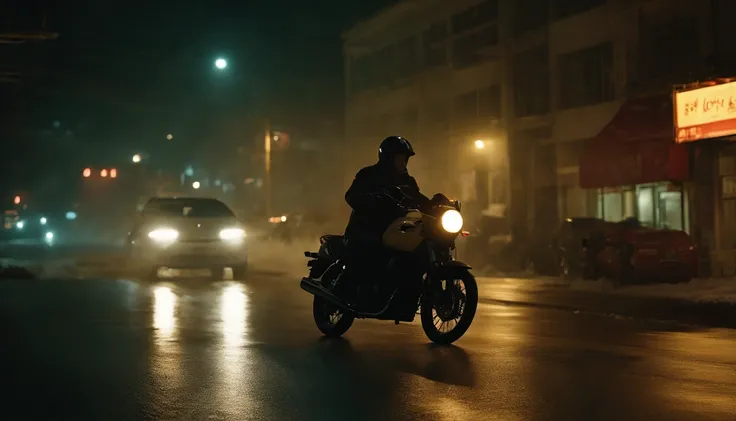 A man on a motorcycle, Back Shadow，Meituan delivery man, Delivery man,side-by-side，Small yellow box, snowy night, intersection, traffic light, Road, during night, A cinematic scene, Atmospheric, Wong Kar-wai, 张艺谋 in the mood of, Speed racing, high high qua...