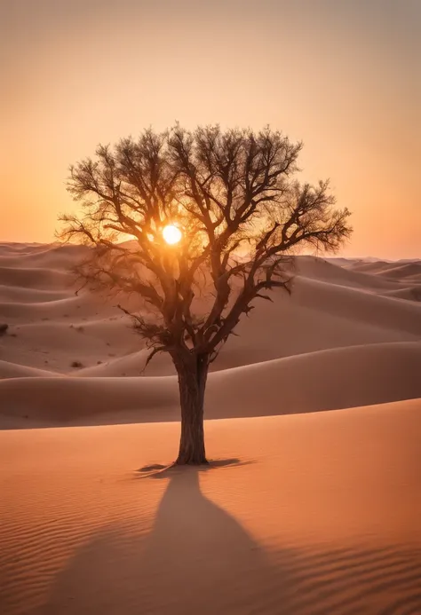 The vast desert has an artistically shaped tree，Beautiful sunset，Transparent light perception