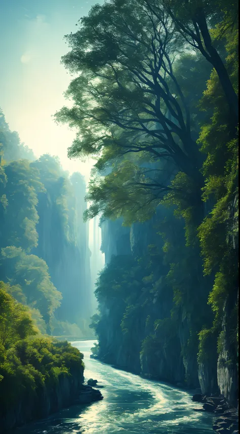 Analog style,ChromaV5,nvinkpunk,(extremely detailed CG unity 8k wallpaper),An image of a majestic river, trees on the sides, tiny waterfall, intense fog ,award winning photography, Chromatic Aberration, Detailed , HDR, Bloom, style by Monet, Pissarro, and ...