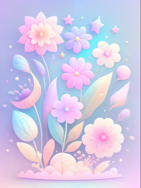 "Various flowers, cartoon illustration, sky in a gradient of pastel colors with twinkling stars. Immerse yourself in a mystical world full of magical elements (weighted at 0.9)."