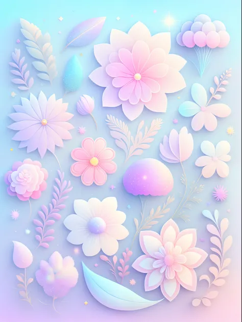 "Various flowers, cartoon illustration, sky in a gradient of pastel colors with twinkling stars. Immerse yourself in a mystical world full of magical elements (weighted at 0.9)."