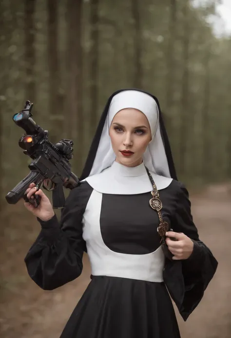 A fullbody nun,atomic heart,her face is human but body is machine,beautiful girl,Holding a MP5 in each hand,detailed pretty face,steampunk,gear, black long stockings,fantasy, global illumination, backlighting, bloom, ((cold light)), sharp focus, photo real...