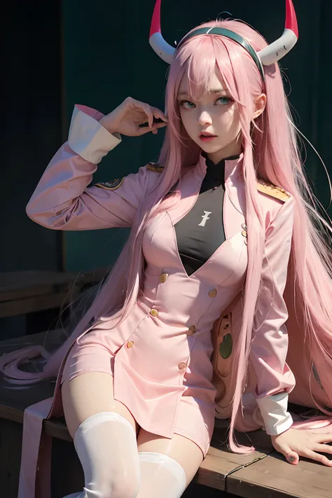 zero two (darling in the franxx), 1girl, horns, pink hair, solo, long hair, hairband, white hairband, uniform, candy, military, military uniform, green eyes, looking at viewer, food, aqua eyes, red dress, lollipop, eyebrows visible through hair, pilot suit...