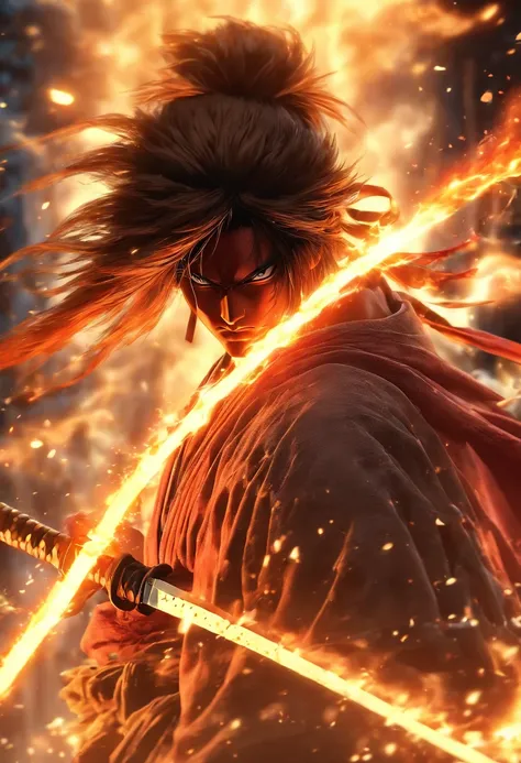 Kenshin and his sword, (In a firestorm，Around Lightning Thunder VFX), Masterpiece, Best quality, hyper qualit, absurd details, Best light, Best shadow, Sharp, Clear picture, Detailed face, Detailed eyes, detailed hairs, Detailed, Extremely detailed, A high...