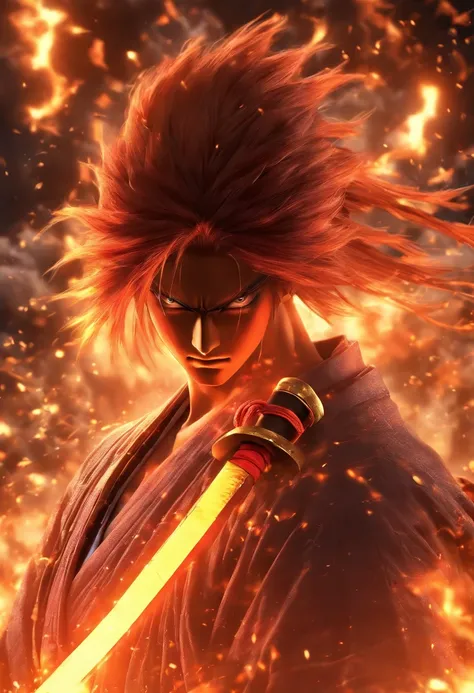 Kenshin and his sword, (In a firestorm，Around Lightning Thunder VFX), Masterpiece, Best quality, hyper qualit, absurd details, Best light, Best shadow, Sharp, Clear picture, Detailed face, Detailed eyes, detailed hairs, Detailed, Extremely detailed, A high...