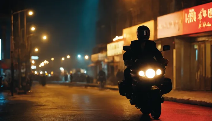 A man on a motorcycle, Back Shadow，Meituan delivery man, Delivery man,A small yellow box side by side with the man, snowy night, intersection, traffic light, Road, during night, A cinematic scene, Atmospheric, Wong Kar-wai, 张艺谋 in the mood of, Speed racing...