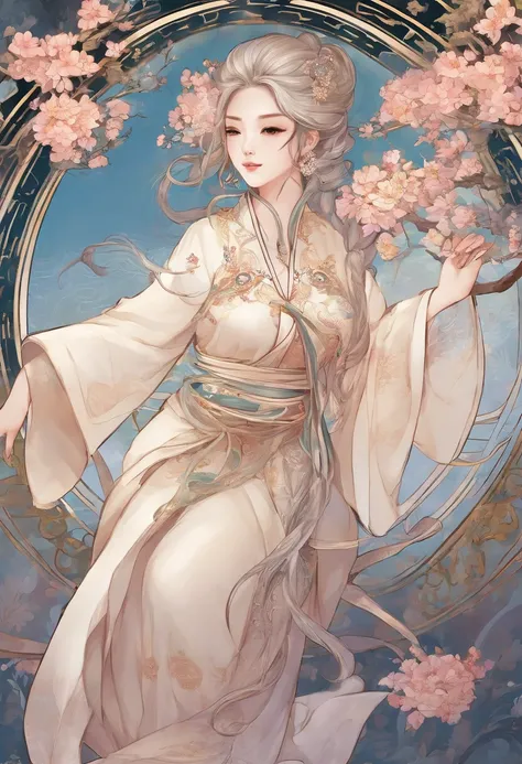 An ancient Chinese girl, Light-colored hair, Slightly curled, Realistic facial features, Hanfu，high high quality，big breasts beautiful，tmasterpiece，Best quality at best