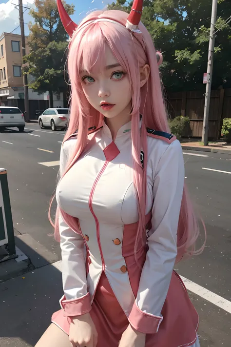 zero two (darling in the franxx), 1girl, horns, pink hair, solo, long hair, hairband, white hairband, uniform, candy, military, military uniform, green eyes, looking at viewer, food, aqua eyes, red dress, lollipop, eyebrows visible through hair, pilot suit...