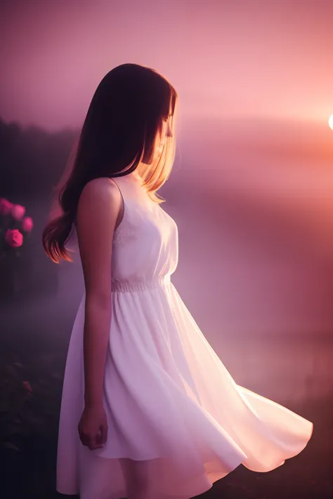 River, girl in white dress, warm light, night, roses different color, fog