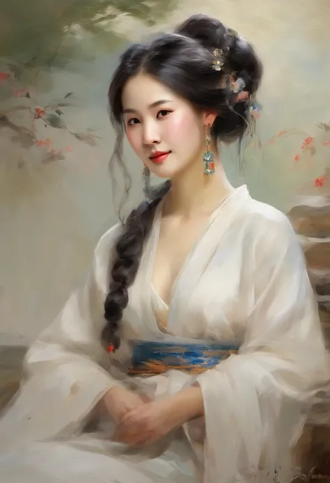 An ancient Chinese girl, Light-colored hair, Slightly curled, Realistic facial features, Hanfu，high high quality，big breasts beautiful，tmasterpiece，Best quality at best