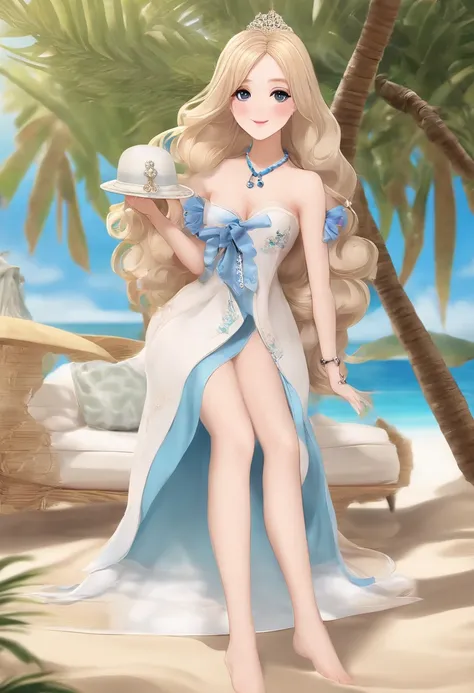 「A modern twist on Marie Antoinette、Rebuild into an 18-year-old figure as a beautiful girl in a swimsuit。Below are the detailed characteristics： -hairdo: With straight long hair、 - Hair color: Blonde hair - facial features: Graceful and well-formed face、Bi...