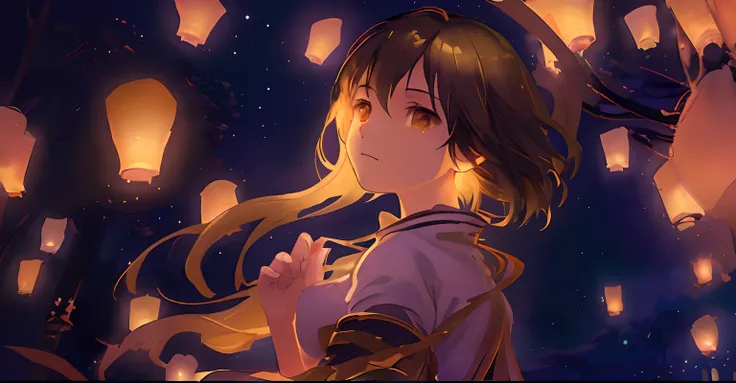 Create exquisite illustrations reminiscent of Makoto Shinkais style, It has ultra-fine details and top-notch quality, Create an illustration of a girl gazing up at the night sky as lanterns made of candles float into the heavens. The sky is filled with the...