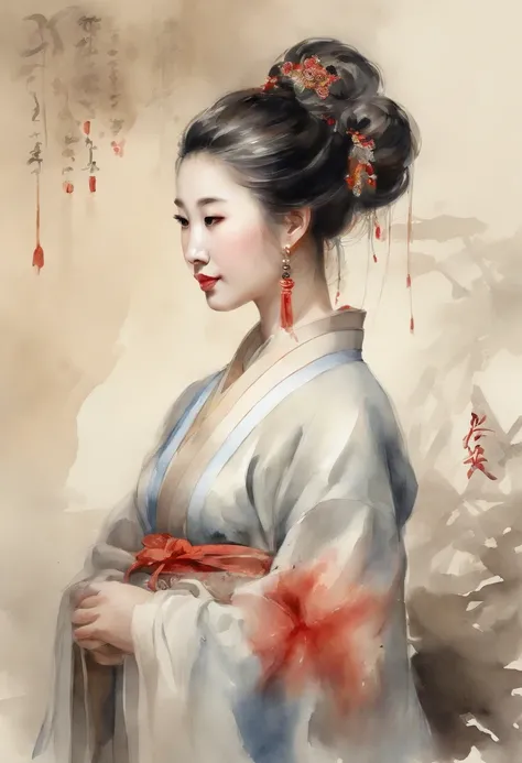 An ancient Chinese girl, Light-colored hair, Slightly curled, Realistic facial features, Hanfu，high high quality，big breasts beautiful，tmasterpiece，Best quality at best