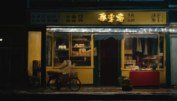 Snowy night view of the small shop, A small yellow box is parked in front，snow cover., Inspired by Wong Kar-wais work, In the style of Zhang Yimous works. Scenes are the conceptual art of film and television films, Similar to concept art in movies. The sto...