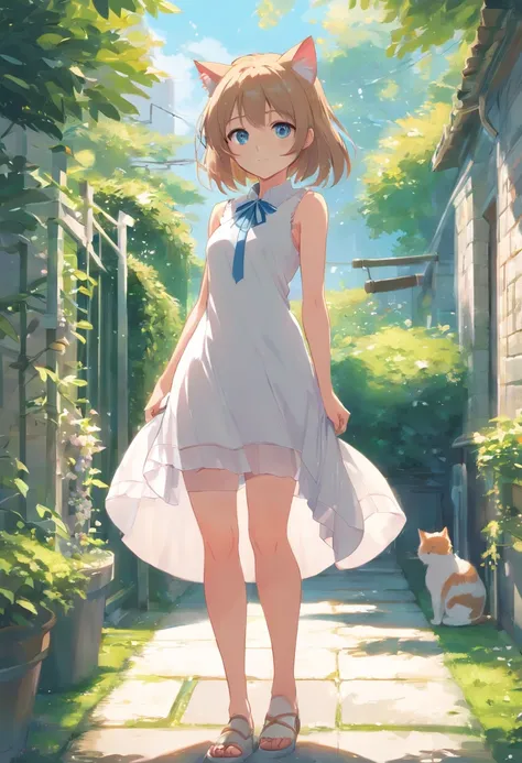 Cat-eared girl in white dress standing in garden, Break，silber hair，eBlue eyes，(((Sleeveless)))，Hang laundry to dry，Holding a laundry basket with clothes，loli in dress, small curvaceous loli, Guviz-style artwork, Guweiz in Pixiv ArtStation, Guweiz on ArtSt...