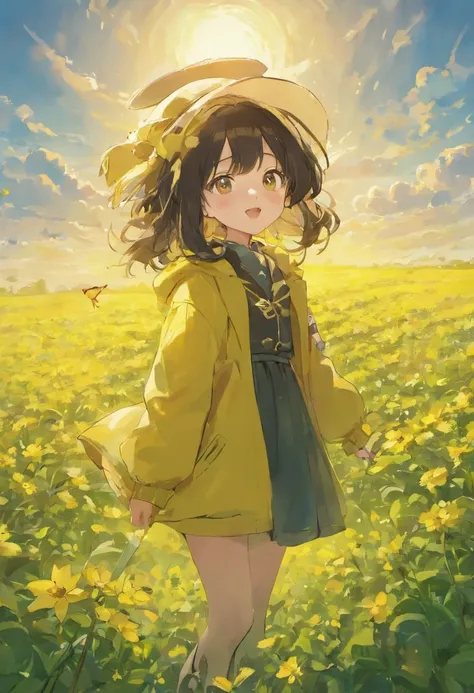 A happy little girl，Hats，Long black hair，Canola bushes，butterflys，Yellow coat，with blue sky and white clouds，