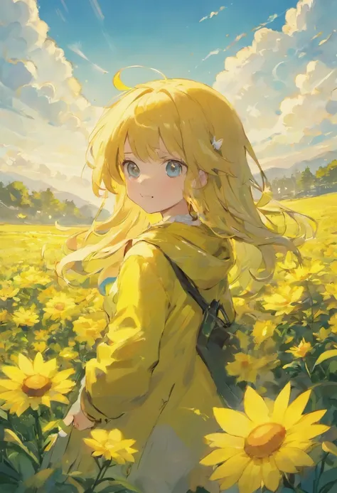 A happy little girl，Hats，Long black hair，Canola bushes，butterflys，Yellow coat，with blue sky and white clouds，