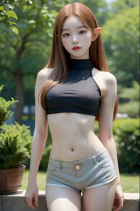 upper body view, kim chaewon as a sexy elf, kim chaewon in a fantasy city, kim chaewon is a petite young girl, kim chaewon, peti...