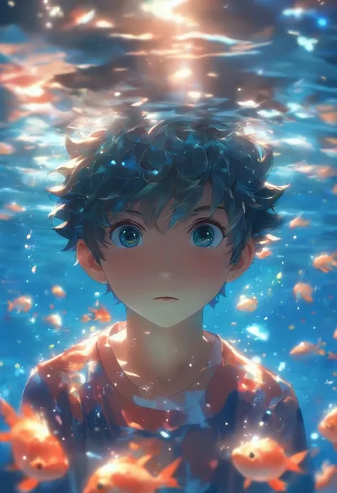 beautiful boy under water, gongbi, exquisite realism, kawaii aesthetic, cute style, scattering of light, sparking/twinkling, gem light, dreamy/enchanting atmosphere