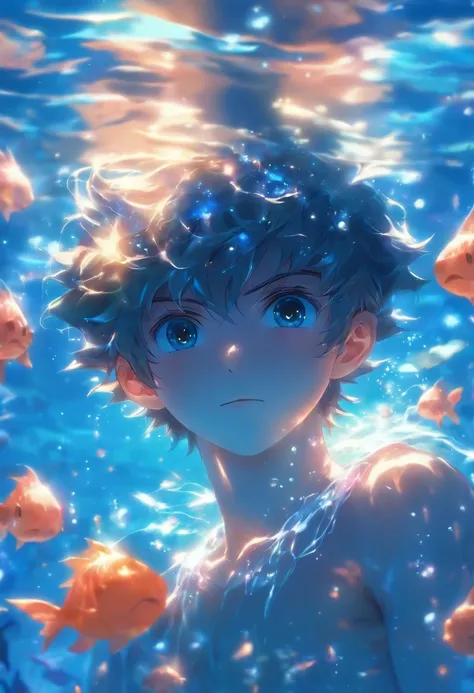 beautiful boy under water, gongbi, exquisite realism, kawaii aesthetic, cute style, scattering of light, sparking/twinkling, gem light, dreamy/enchanting atmosphere