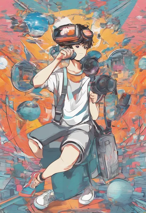 A student with a VR in his hand with a camera flying over his head with a tool for drawing next to him