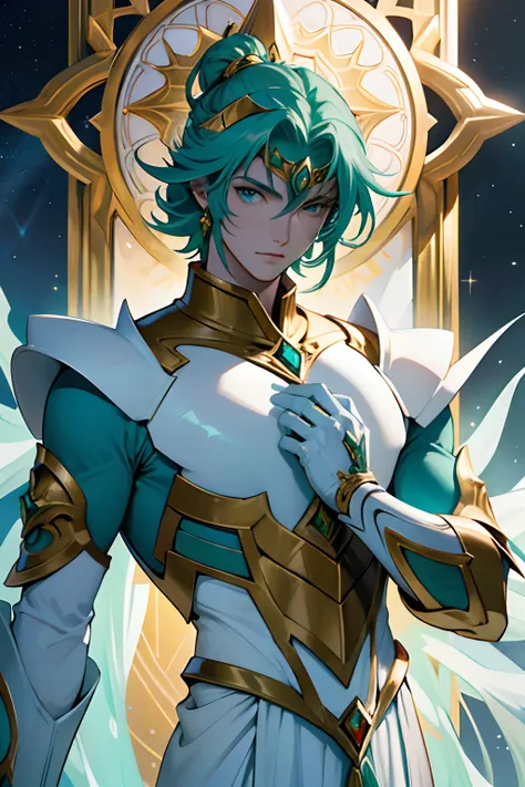 Deus Himeros no Universo de Saint Seiya com uma armadura rosa sagrada, com longos e volumosos cabelos verdes seafoan, pale skin, e verde rosa, Rosto detalhado, detailed hands, perfect hands, rosto perfeito, corpo bonito, masculo, homem bonito