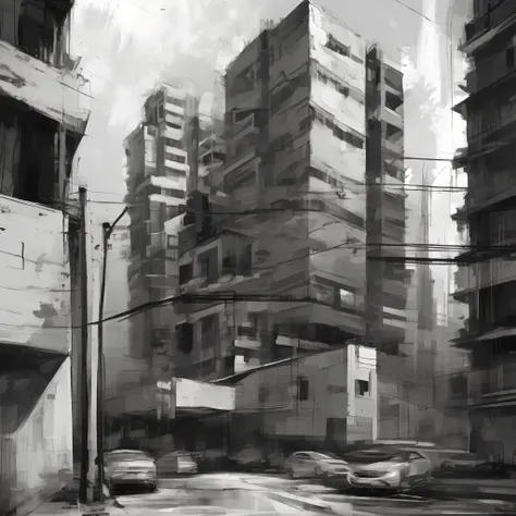 Create a modern urban landscape painting，Printmaking style，Black and white tones