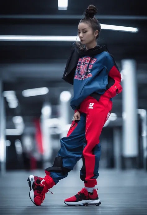 A little girl，Dynamic，Rich in color，Nervousness，workout，Desportivo，Basketball shoes，Red beach pants，Blue T-shirt，with blue sky and white clouds，Masterpiece details