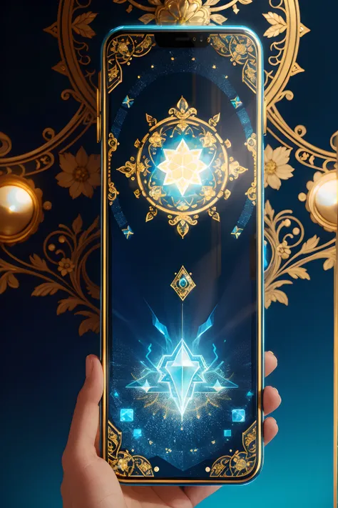 masterpiece, best quality, 8k, high detail, hyper-detail, a magical smartphone, light blue with holographic ornate designs, ligh...