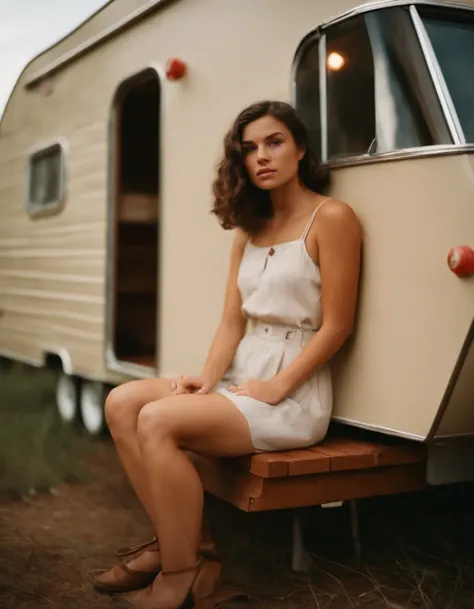 analog photography, (upper body) grain film, vintage photo, portra 400, flash, in the style of lo-fi aesthetics, a girl sitting near a camping trailer, light beige and red,