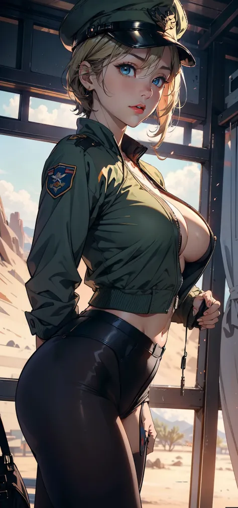 1female，35yo，plumw，extremely large bosom， 独奏，（Background with：A desert，aerodrome，Planes） She has very short blonde hair，bobo head，Stand on the plane，，seen from the front， hair straight， mostly cloudy sky，（（（tmasterpiece），（Very detailed CG unity 8K wallpape...