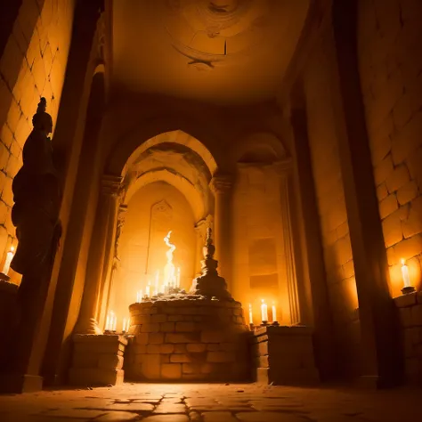 (extremadamente detallado, obra maestra, La mejor calidad, foto antigua, principios de siglo) esculturas religiosas dentre de una cueva iluminada por velas, lugar sucio, warm lights.