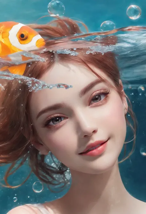 There is a girl swimming in the water, happy smile, sunny face, innocent girl, big, lots of blisters, bubbles, a lot of fish, cute digital painting, beautiful digital artwork, realistic effect, high texture