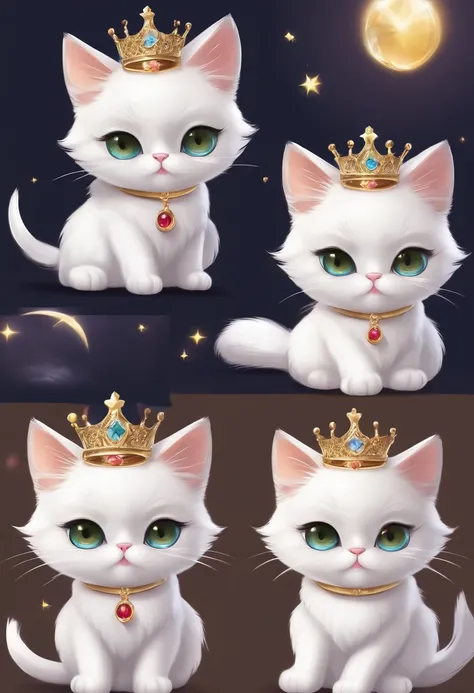 The various expressions of the white persian cat with a crystal crown, Nine emoji, multiple poses and expressions, happy, angry, cry, expression love, sleepy, arrogance, etc, emoji character, Lovely style, Anime, Niji5, ar 3:4