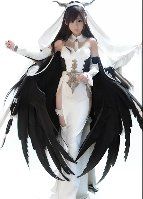 1girl, Albedo, White Dress, Succubus Horn, Black Wings, Long Hair, Black Hair, Realistic, Ultra Detail, 70mm lens,