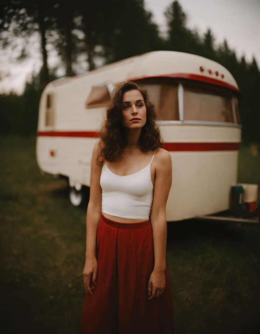 analog photography, ((upper body)), grain film, vintage photo, portra 400, flash, in the style of lo-fi aesthetics, a girl in near a camping trailer, light beige and red,